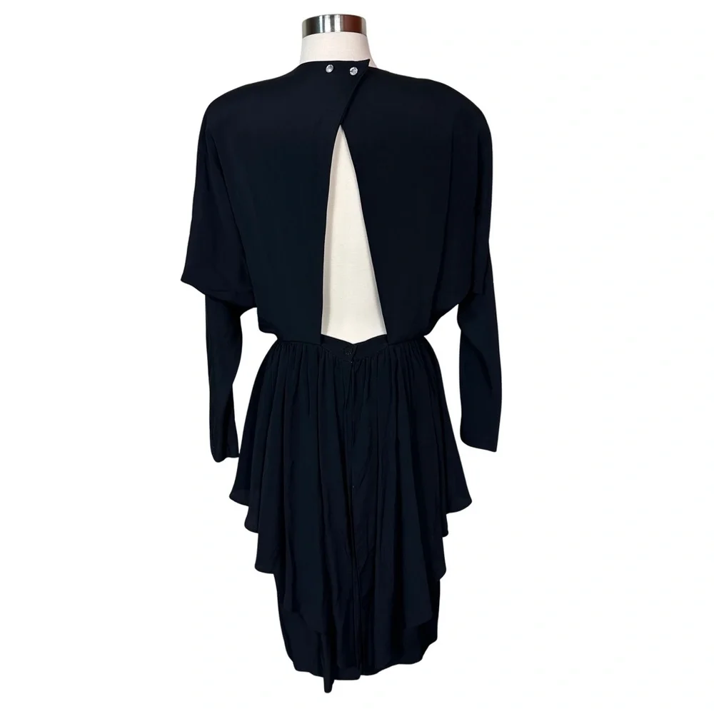 Regina Kravitz Vintage Black 80s Padded Shoulder Cutout Back Peplum Dress Size 8 - Picture 7 of 10